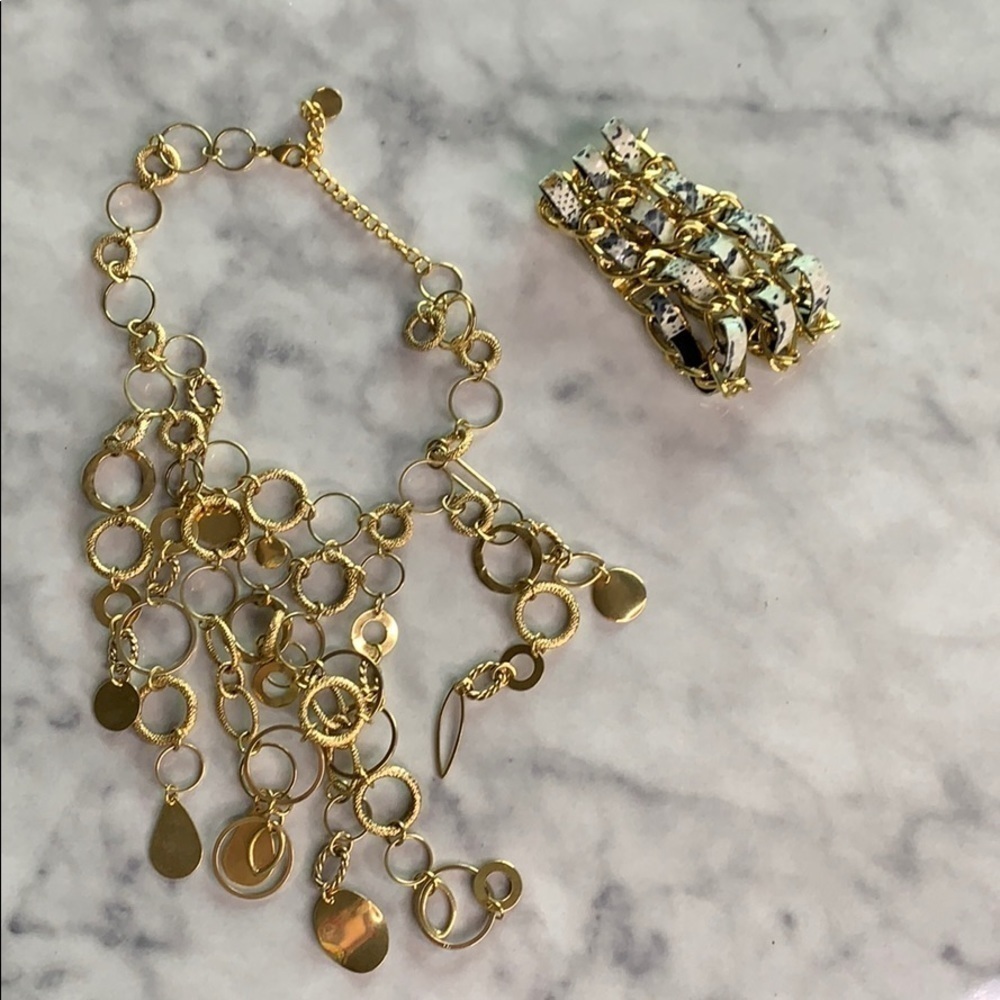 Gold thick chain drop necklace & contrast bracelet Costume jewelry